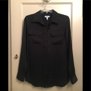 Women New Izod Black Silk Shirt Long Sleeve Button